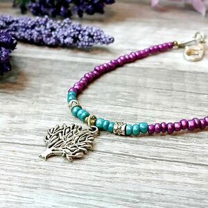 Dainty Minimalist Beaded Charm Bracelet, Seed Bead Tree Spring OOAK 7"